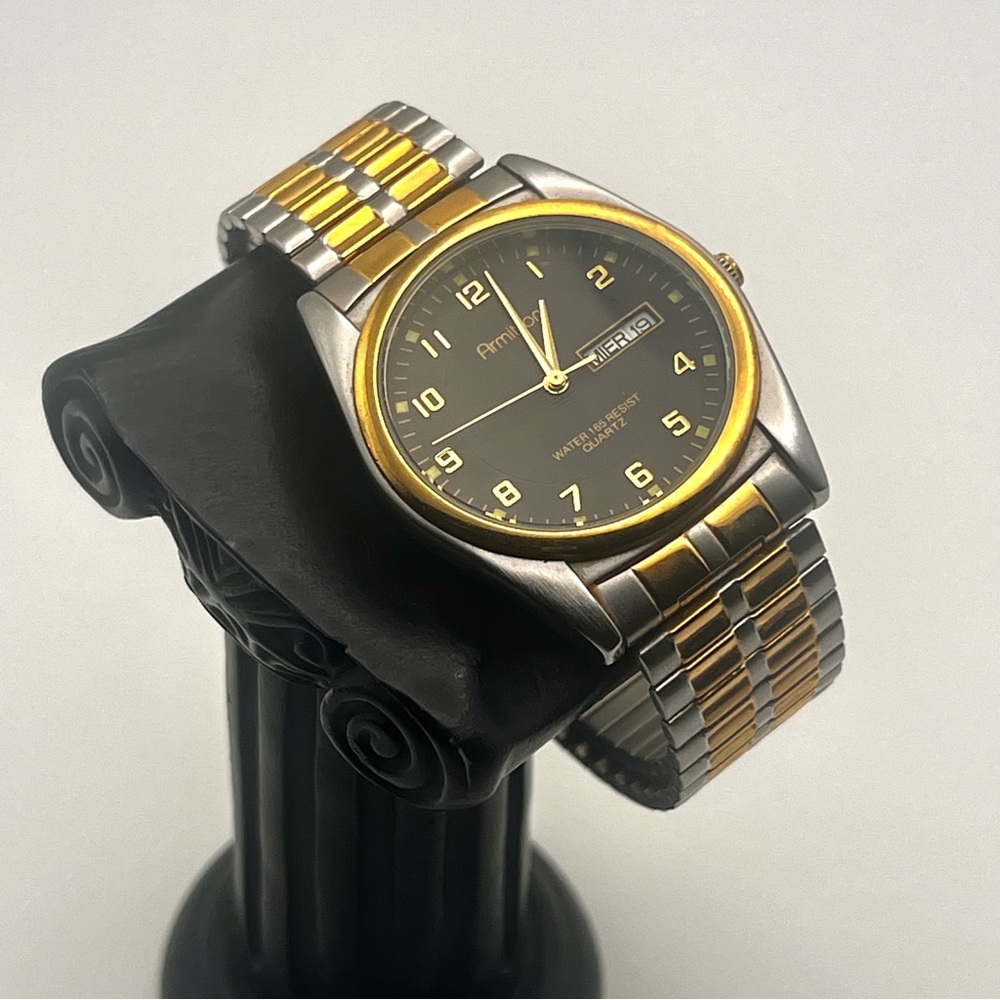 Vintage Armitron Mens Watch Black Dial Two Tone Day Date Stretch New Battery
